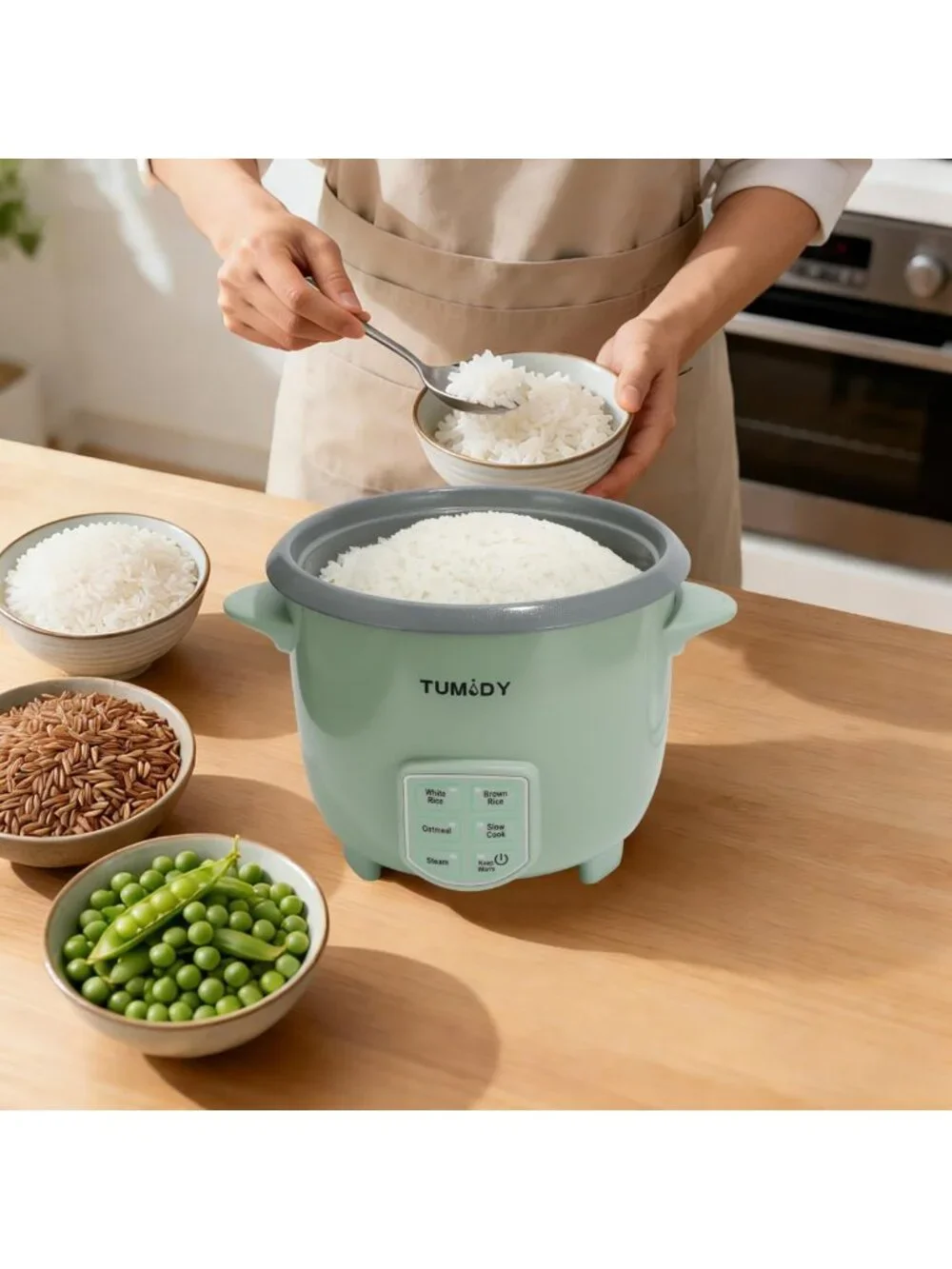 Compact 3-Cup Rice Cooker & Steamer, 6-Cup Capacity, Easy Clean, Green Kitchen